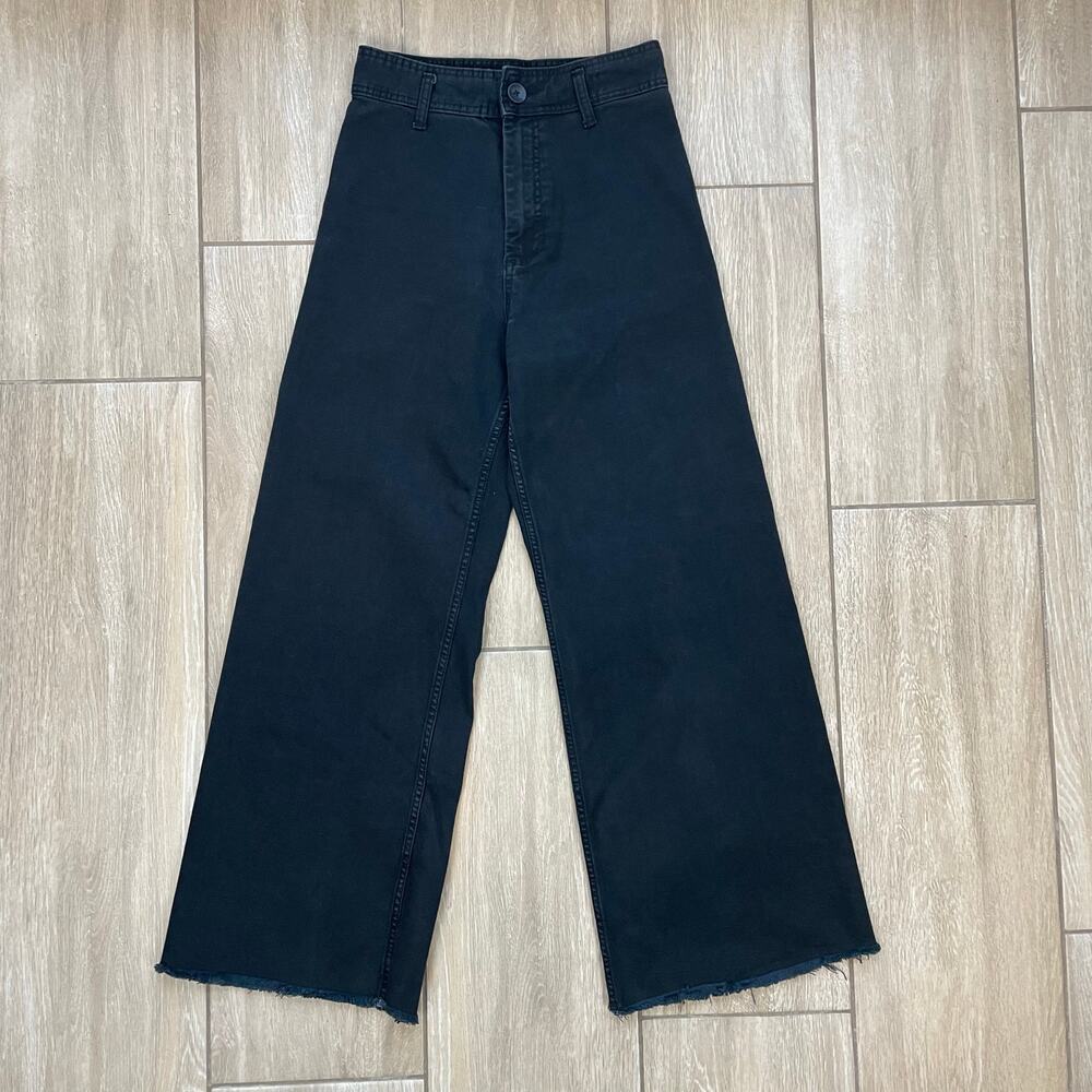 Zara Wide Leg Pants Womens 6 Black High Rise Cropped Raw Hem Casual Trousers